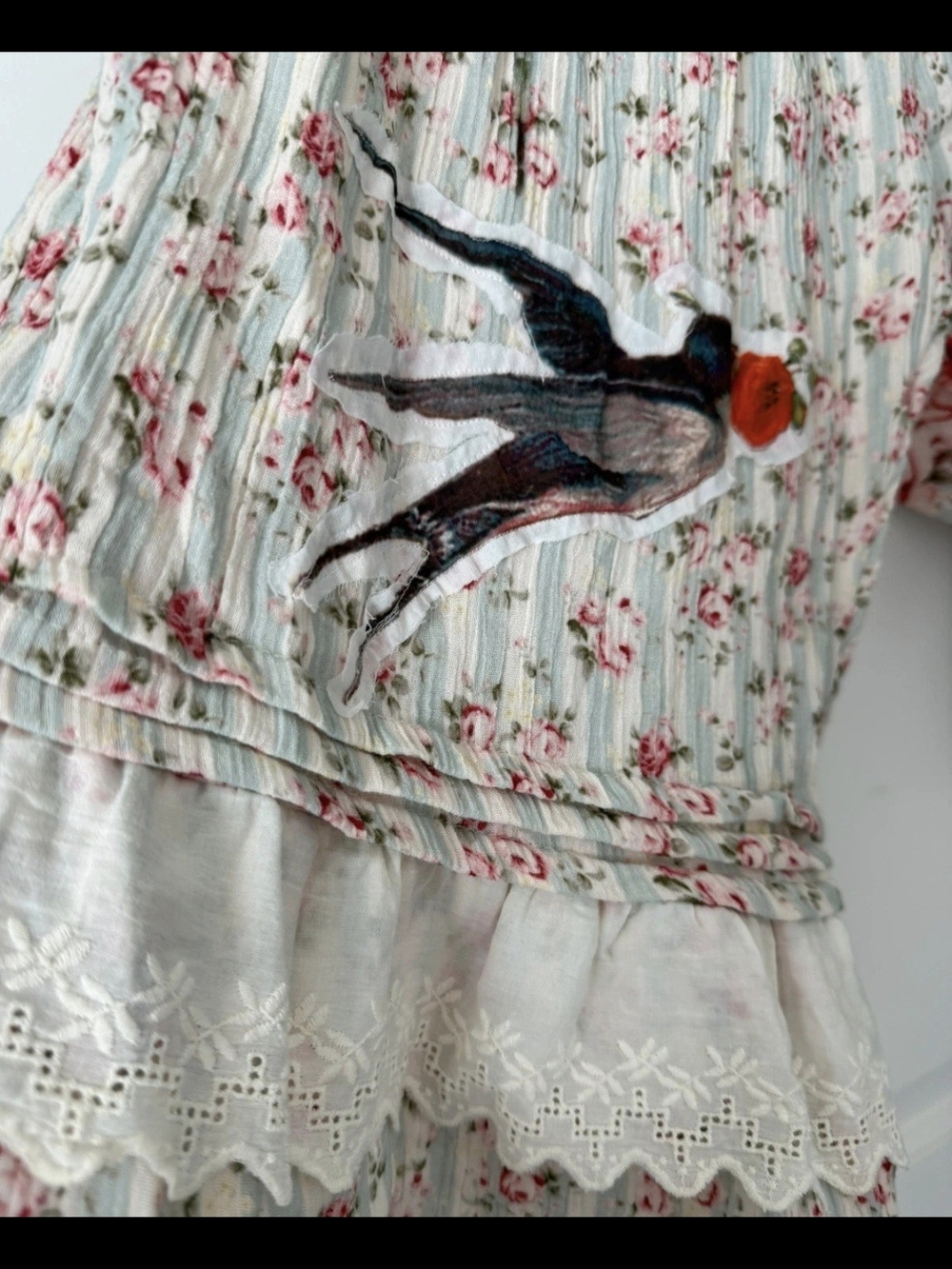 Floral Bird Print Elastic Waist Ruffle Hem Bottoms - Cream Xl New Without Tags - Picture 6 of 12